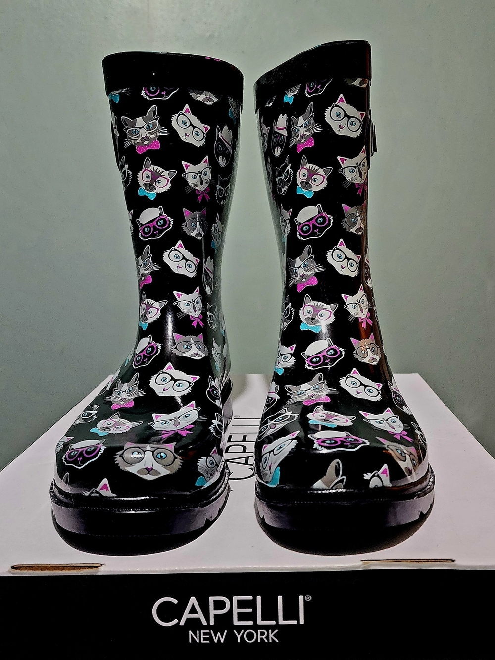 Capelli of New York Black Cat Print Waterproof Rain Boots